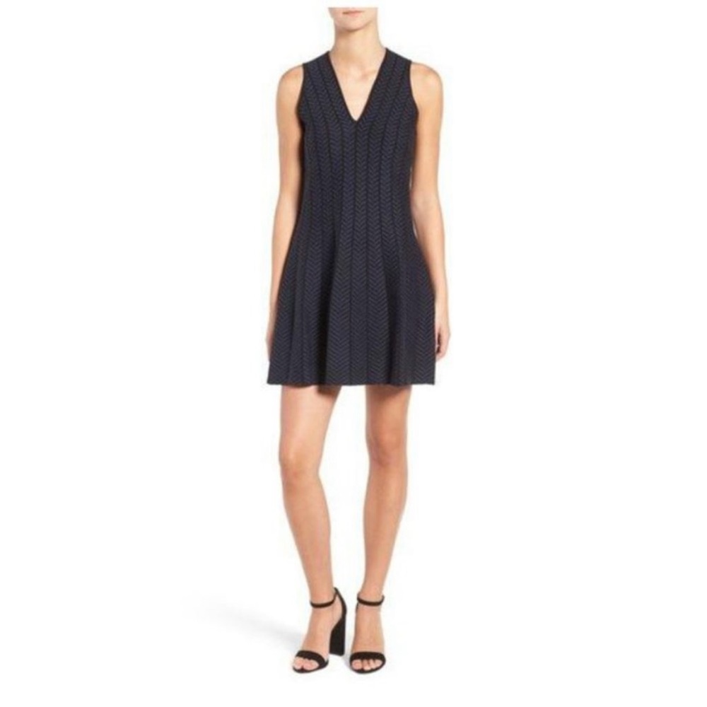 Cupcakes & Cashmere Navy and Black herringbone a-line knit dress. S.